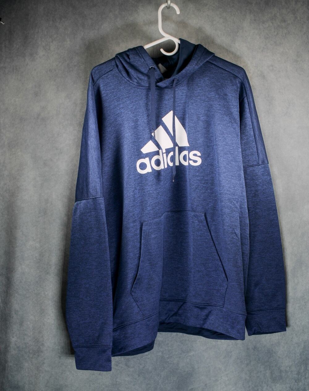 Men's Adidas Blue Heathered Big Logo Athletic Pullover Hoodie Sweatshirt XL